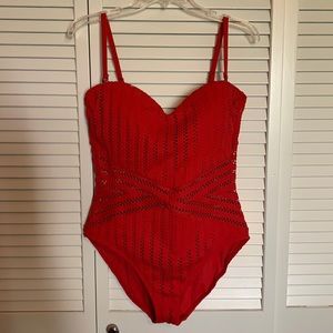 Red Crocheted Kenneth Cole One Piece Bathing Suit